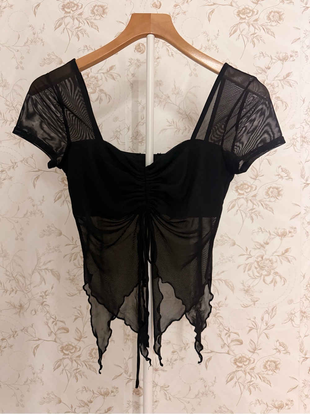 Black Mesh Ruched Tie-Front Crop Top